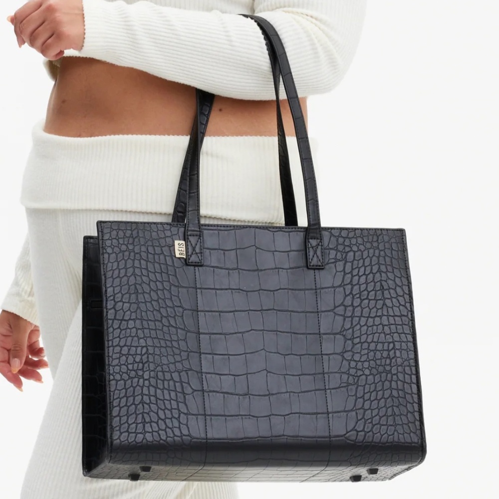 BEIS Black Croc-Embossed Tote Bag